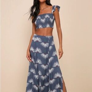 Lulu's Blue and White Maxi Two Piece Trancoso Dusty Blue Size XS